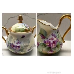 Vintage Creamer and Sugar Hand Painted Stouffer Purple Violets Gold Rim Handles